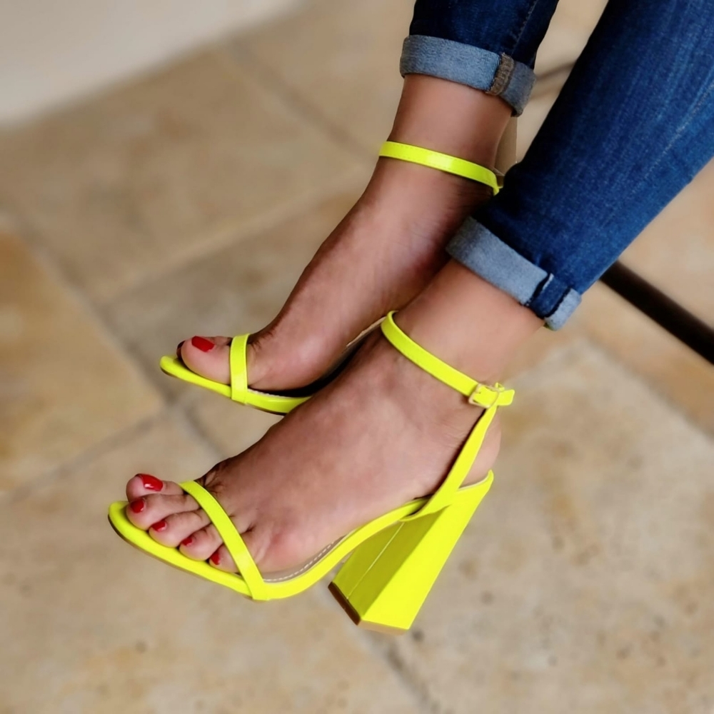 Neon Yellow Strappy Heel Chunky Block Sandals